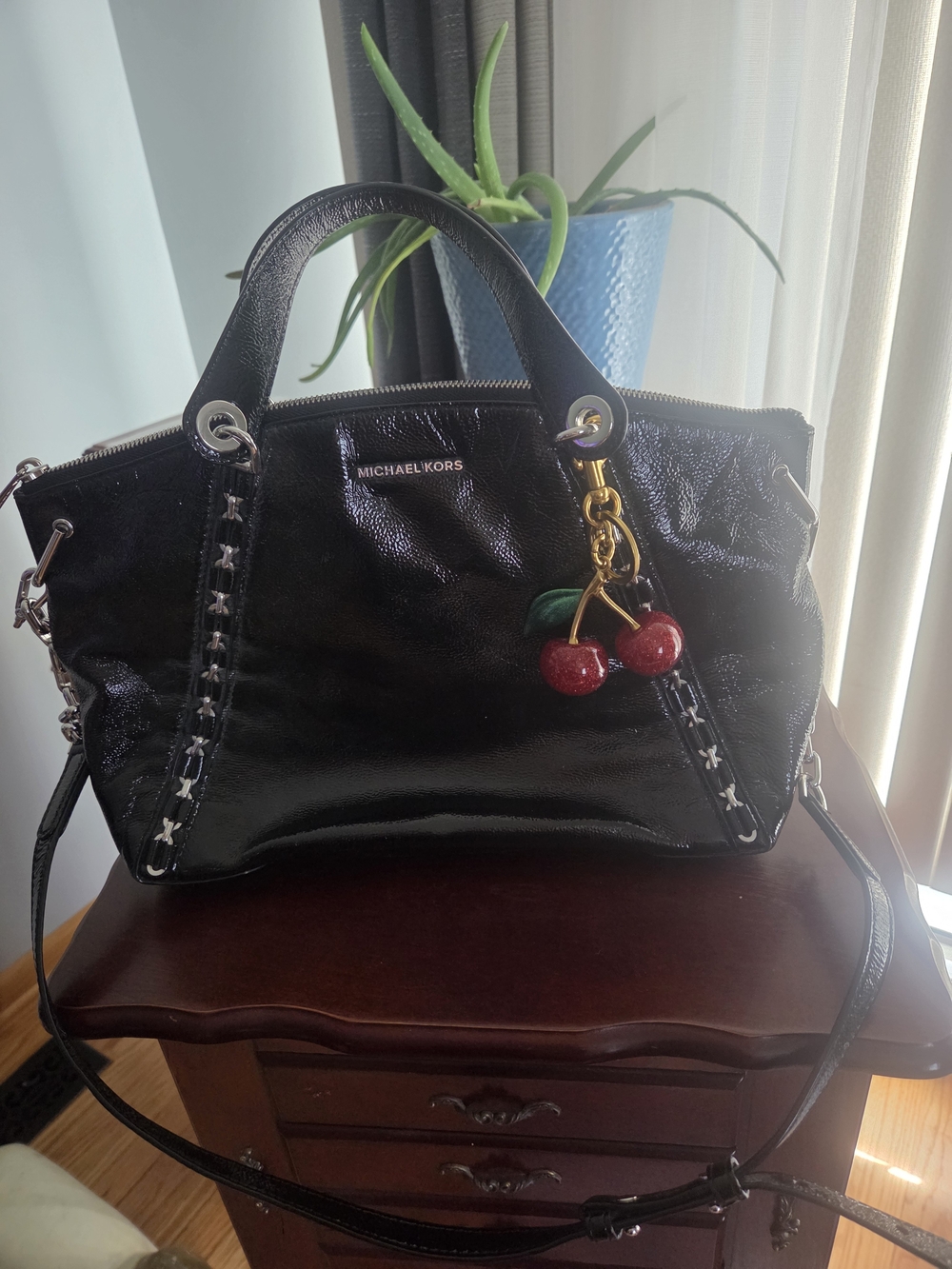 Michael Kors Black Patent Leather Satchel with Cherry Charm